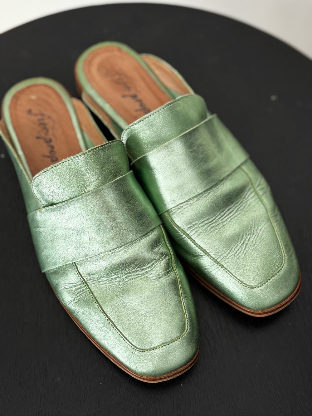 Free People Metallic Green Leather Slip-On Sandals